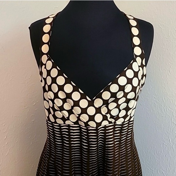 Calvin Klein Halter Dress w/Pleated Flare, Brown/Cream Polka-dots/Lines, Size 12 - Picture 2 of 9